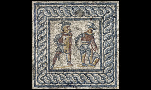 Kämpfende Gladiatoren im Bildfeld des Gladiatorenmosaiks. Um 200 n. Chr.